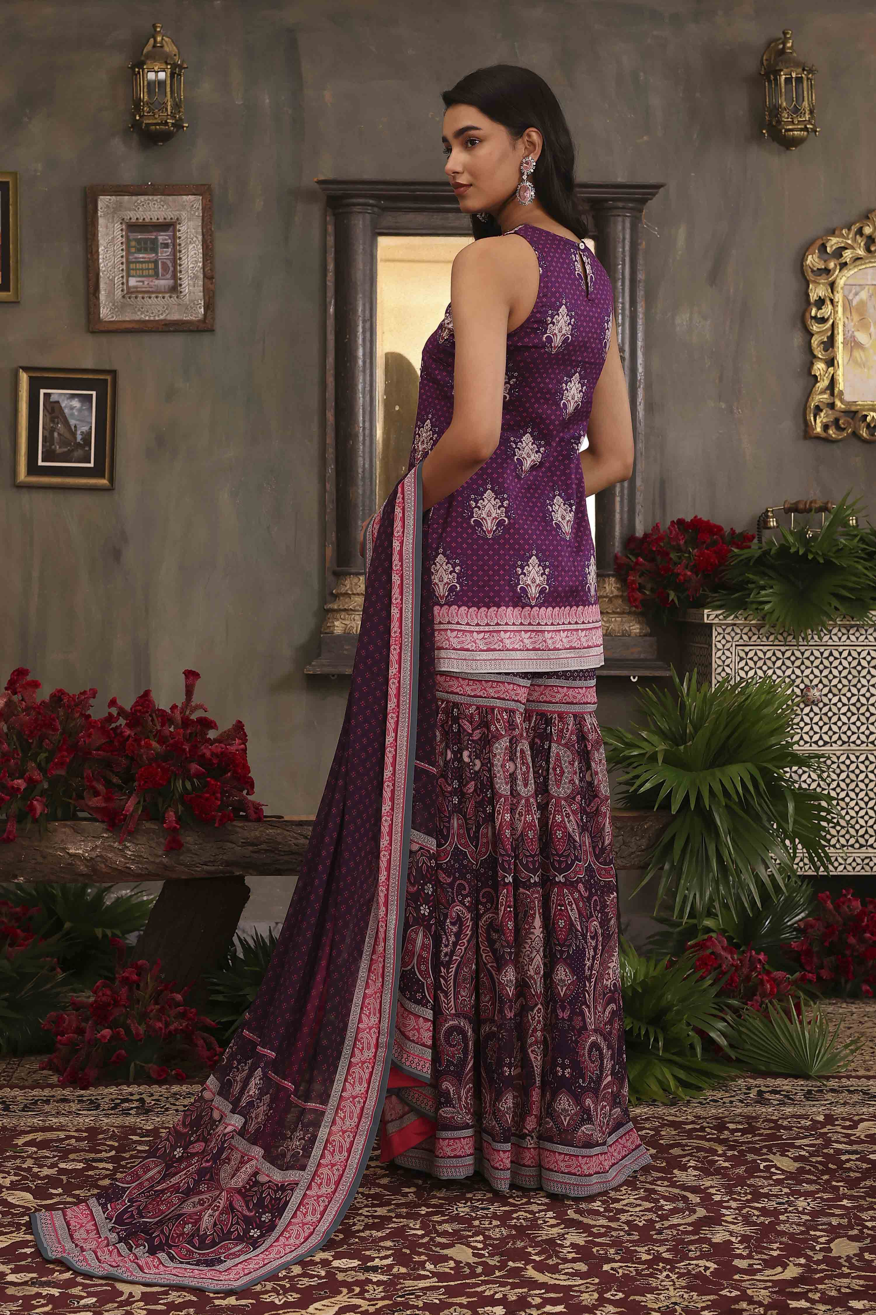 Purple Chanderi Digital Printed Garara Straight Suit Set image number 4