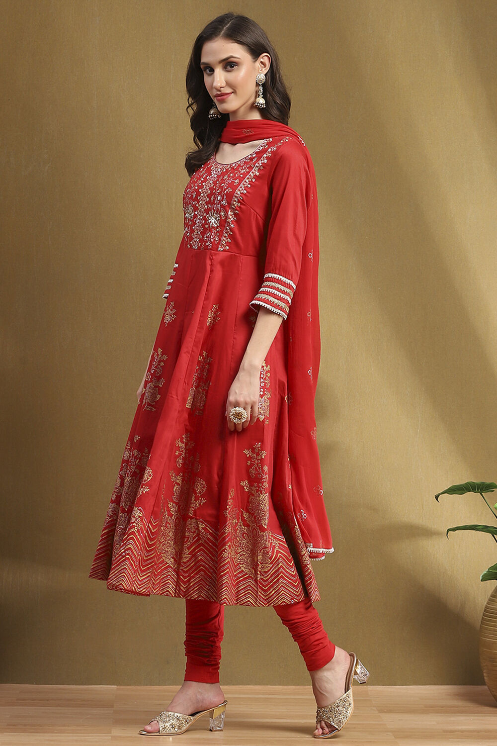 Red Floral Printed Festive Anarkali Suit Set image number 3