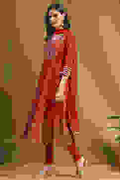 Red Floral Printed Festive Anarkali Suit Set image number 3