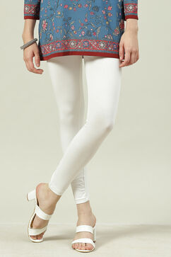 Off White Cotton Blend Solid Leggings image number 0