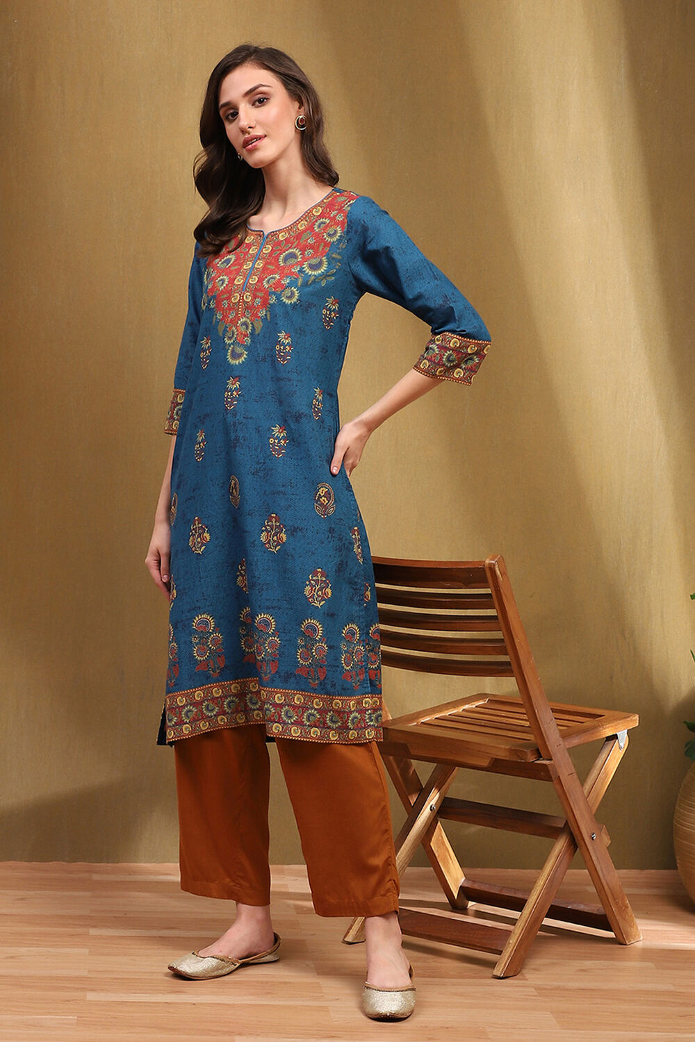 Red Cotton Printed Straight Kurta image number 0