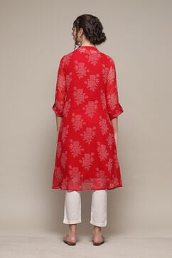 Red Polyester Straight Printed Kurta image number 4