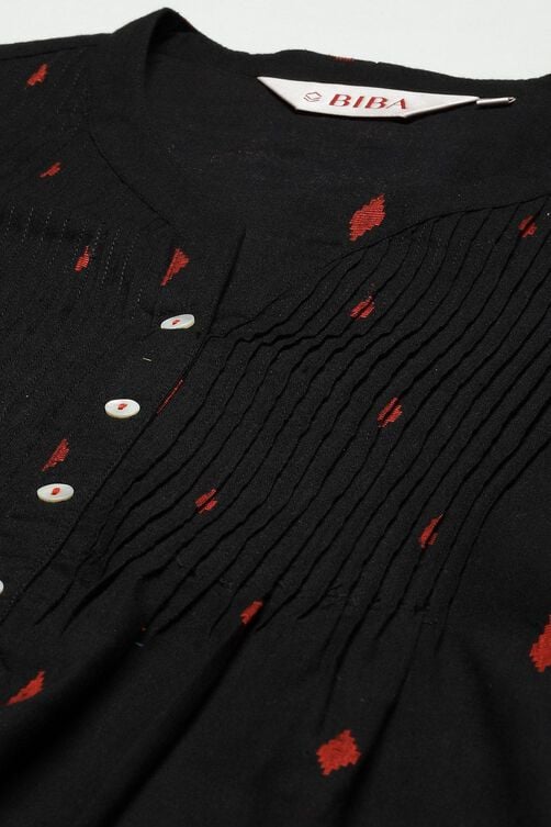 Black Printed Cotton Straight Kurta Slim Pant Suit Set image number 1