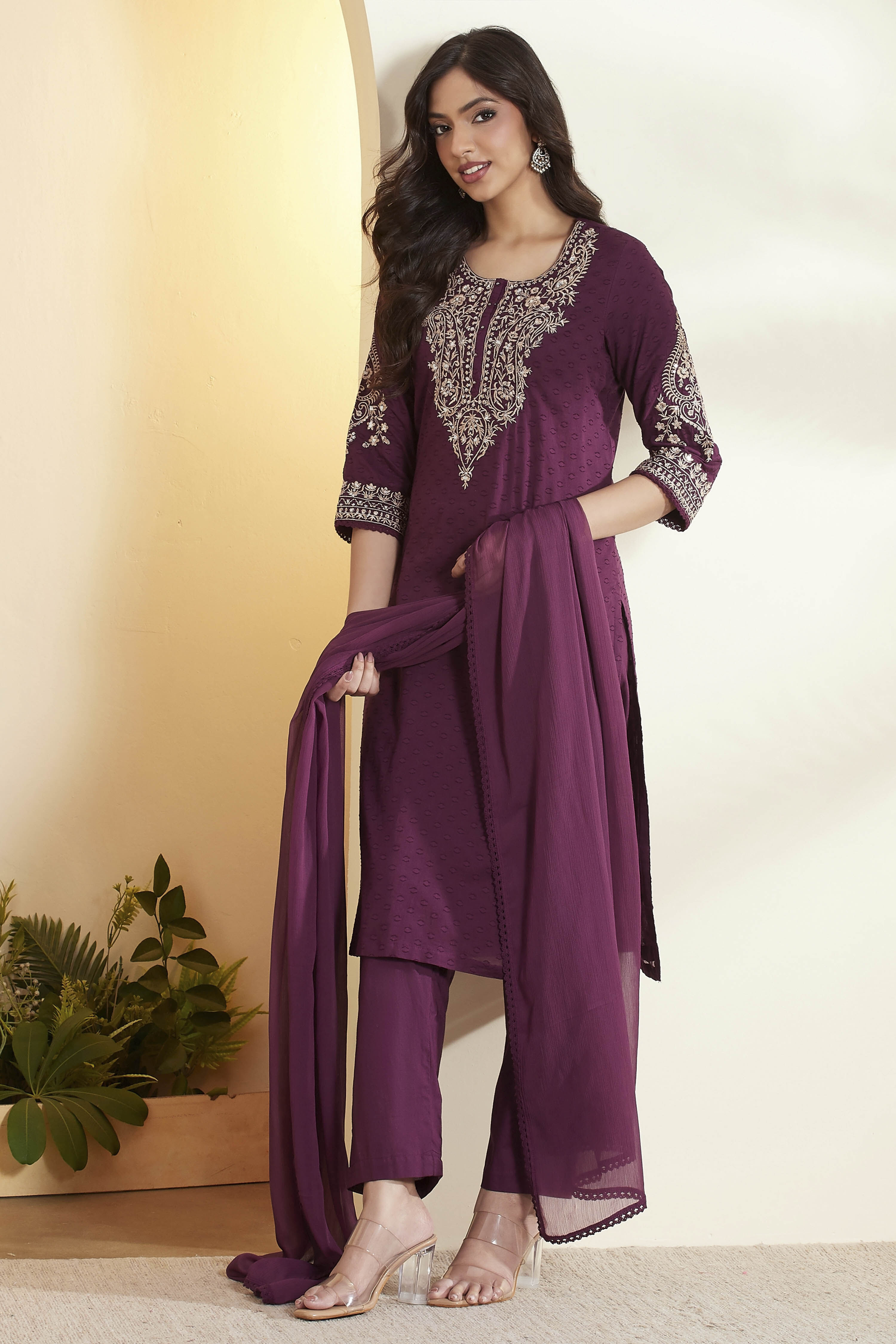 Purple Cotton Straight Suit Set image number 0