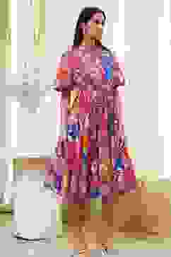 Pink Cotton Printed Flared Dress image number 4