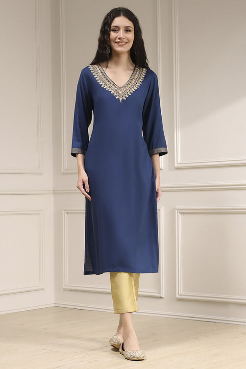 Blue Solid Straight Kurta image number 5