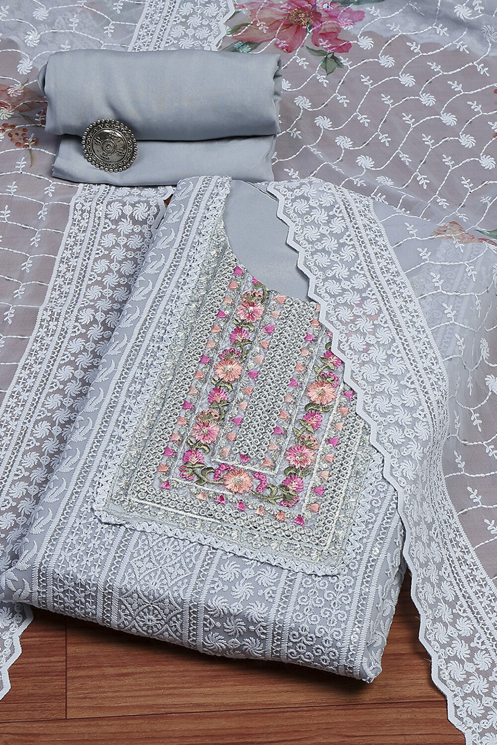 Pink Georgette Schiffly Unstitched Suit Set image number 0