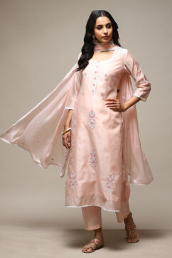 Peach Modal Machine Embroidered Unstitched Suit Set image number 1