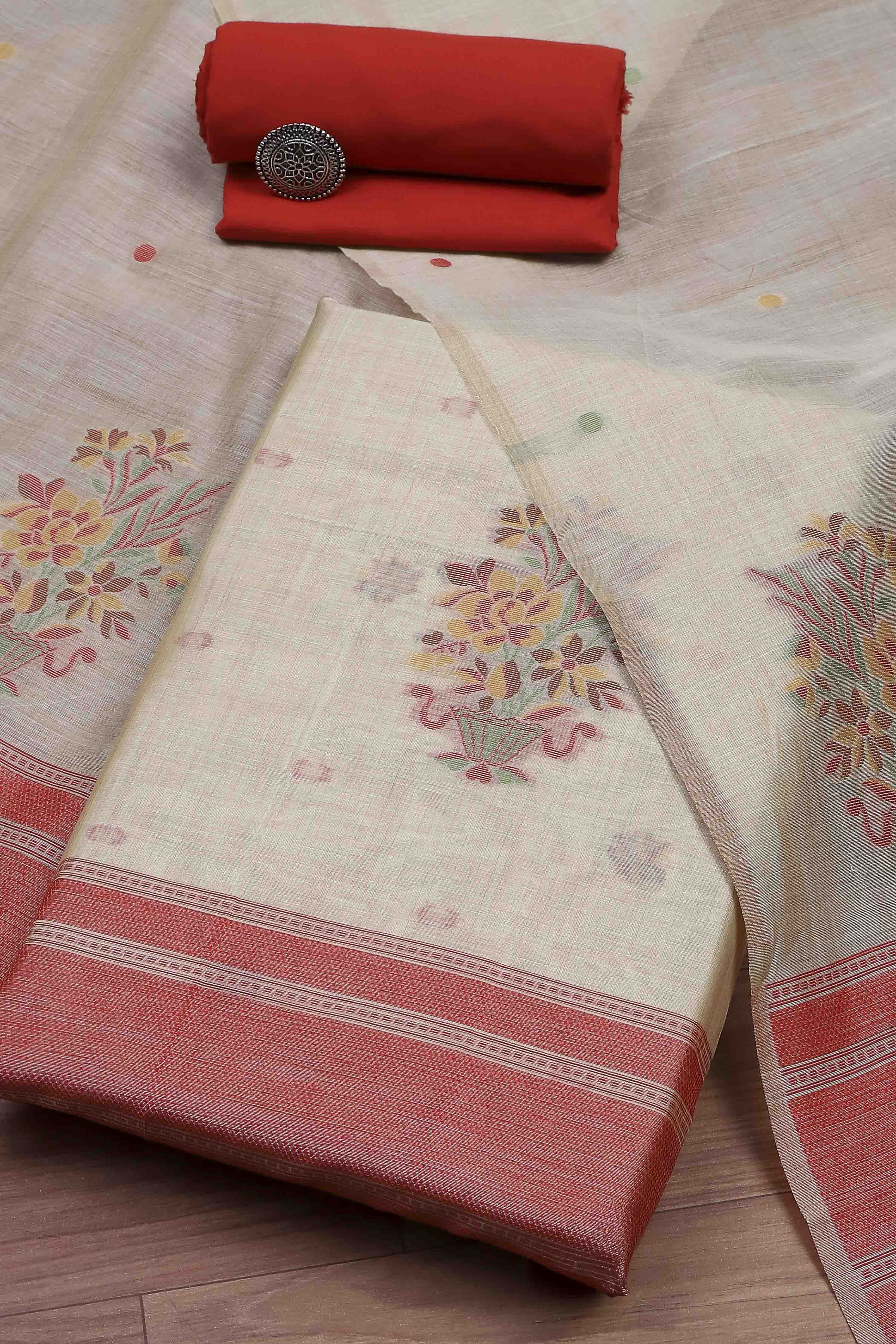 Rust Cotton Printed Embroidered Unstitched Suit Set image number 0