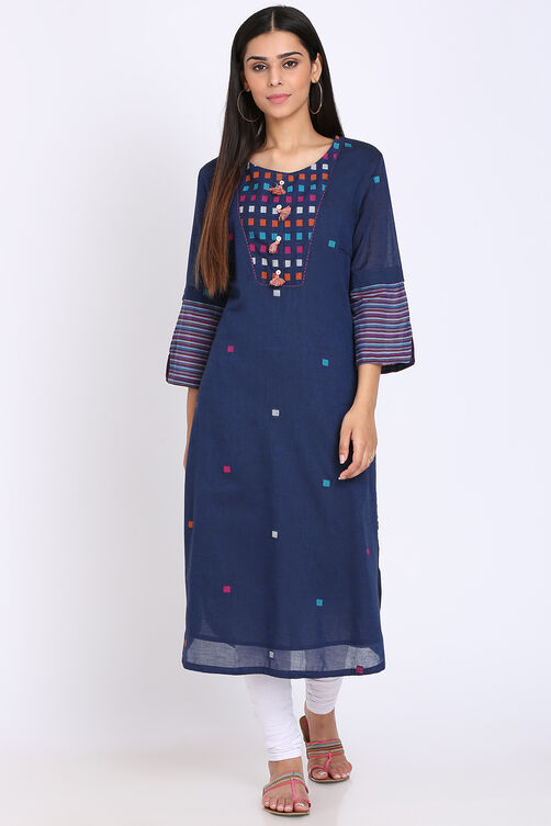 Buy Navy Blue Cotton Straight Yarndyed Kurta () for INR1649.50 | Biba India