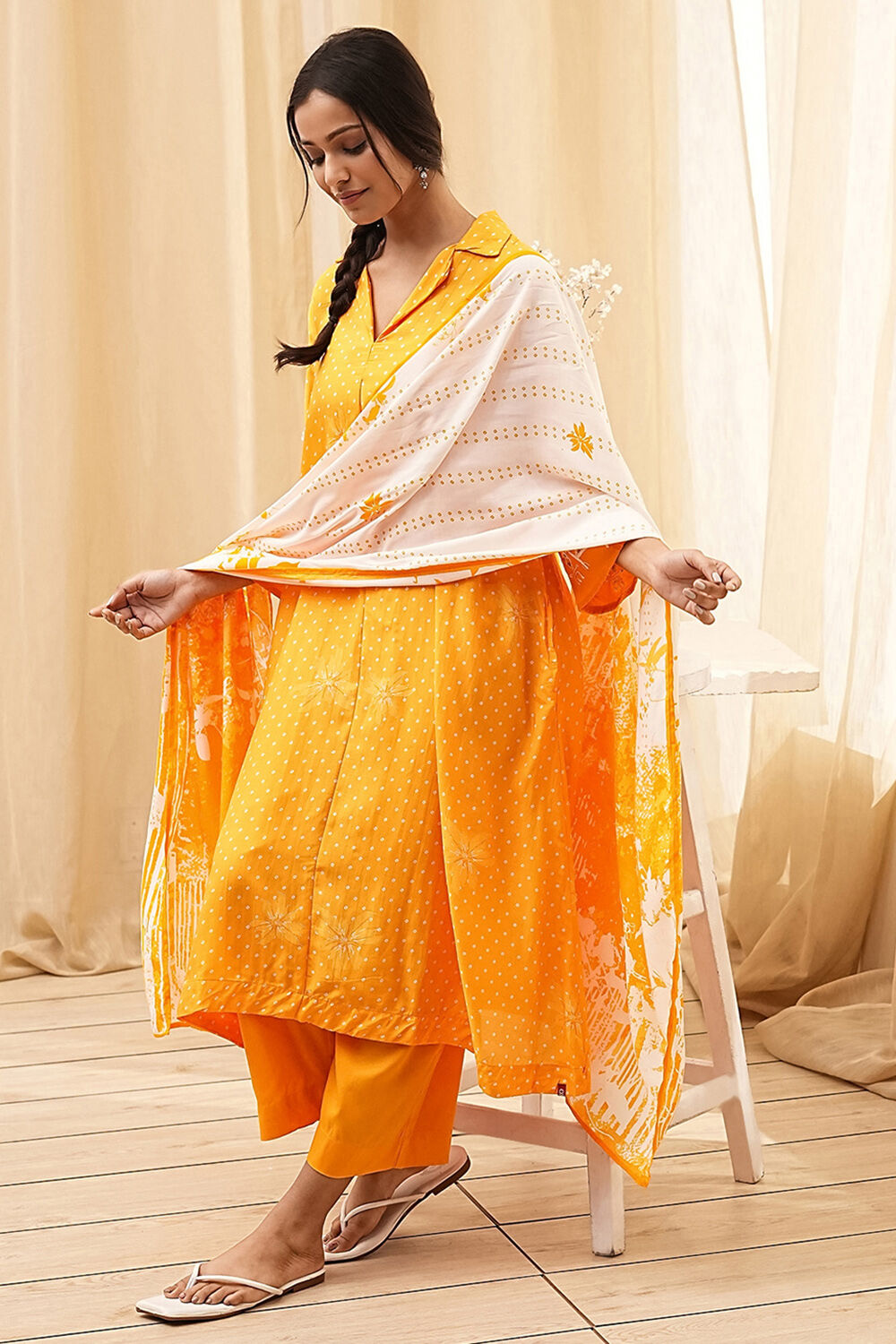 Yellow Bandhani Printed A-Line Suit Set image number 0