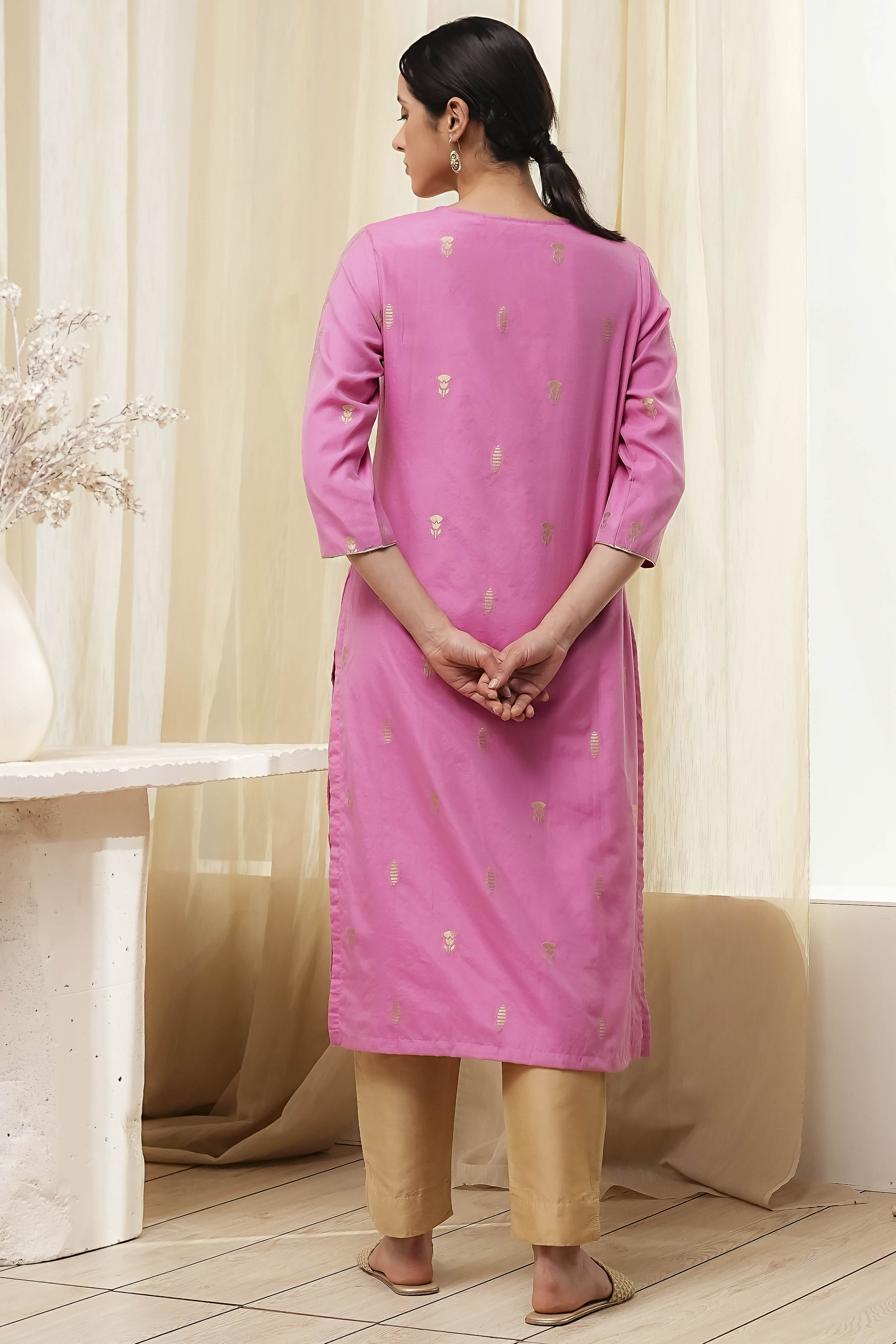 Pink Poly Cotton Straight Yarndyed Kurta image number 3