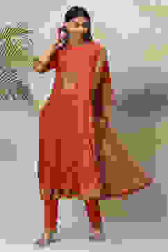 Red Art Silk Double Layered  Kurta Churidar Suit Set image number 7