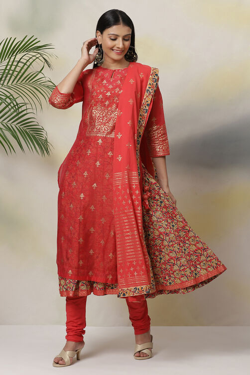 Red Art Silk Double Layered  Kurta Churidar Suit Set image number 7