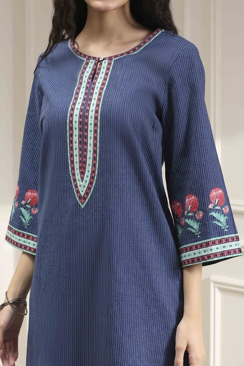 Indigo Blue Cotton Printed Straight Kurta image number 1
