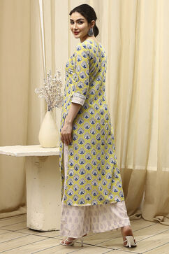 Lime Green Cotton Hand Block Print Unstitched Suit Set image number 5