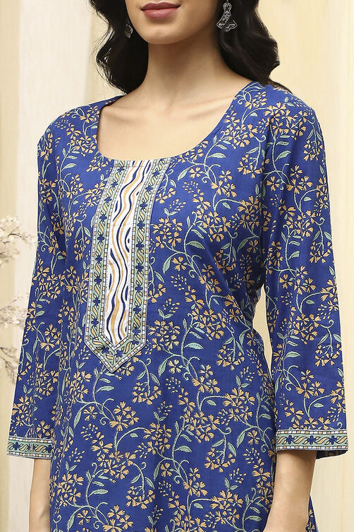 Royal Blue Cotton Screen Print Unstitched Suit Set image number 2