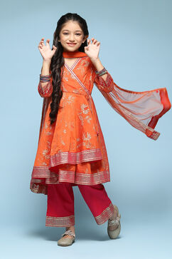 Orange Polyester Front Open Printed Suit Set image number 0