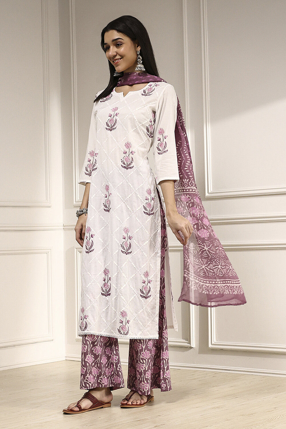 Purple Cotton Hand Block Print Unstitched Suit Set image number 4