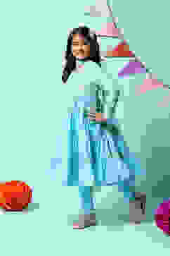 Turquoise Cotton Blend Tiered Kurta Churidar Suit Set image number 5