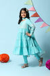 Turquoise Cotton Blend Tiered Kurta Churidar Suit Set image number 5