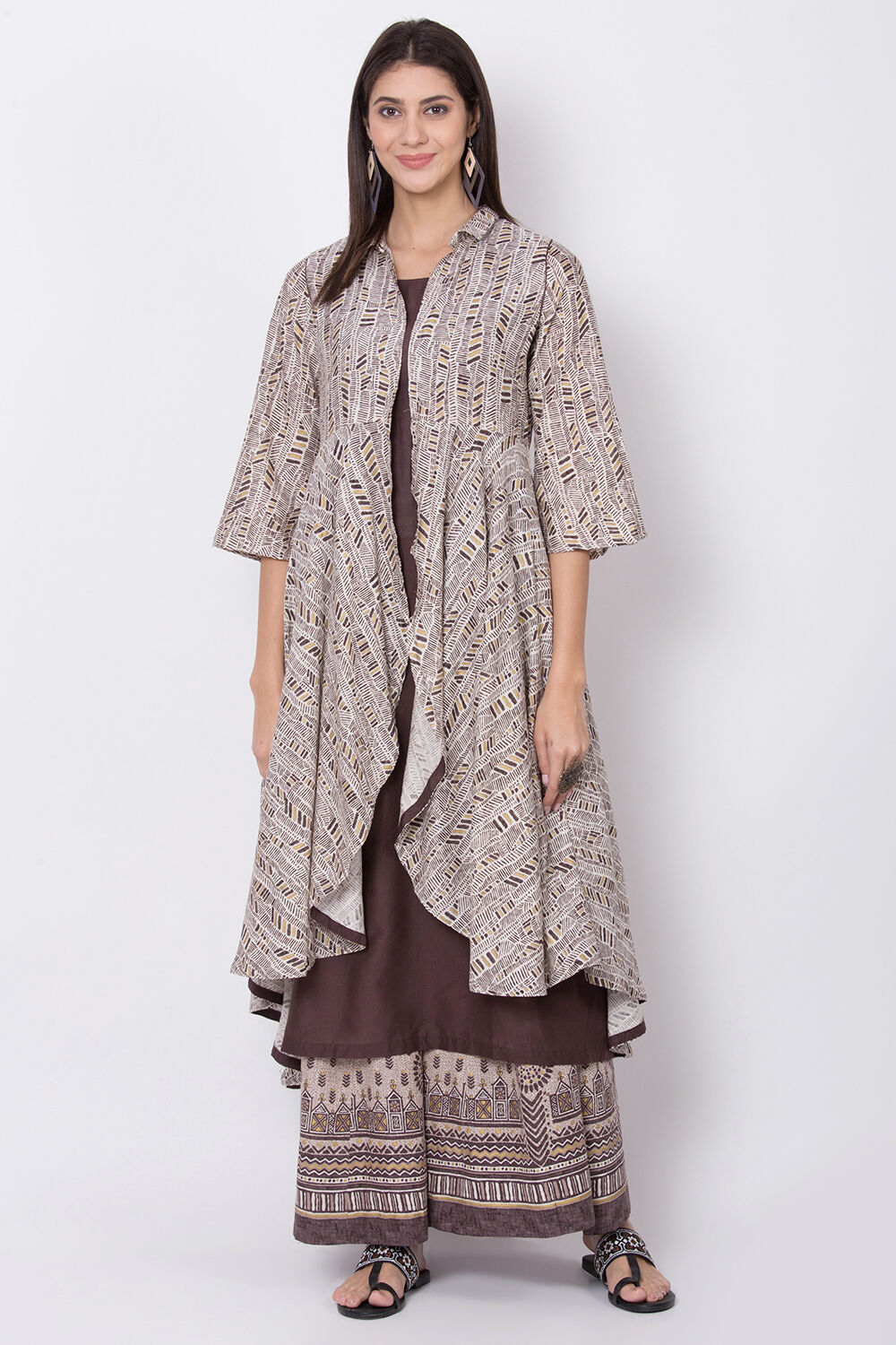 Sand Brown Cotton Flax Front Open Printed Kurta Jacket Inner at Biba Global