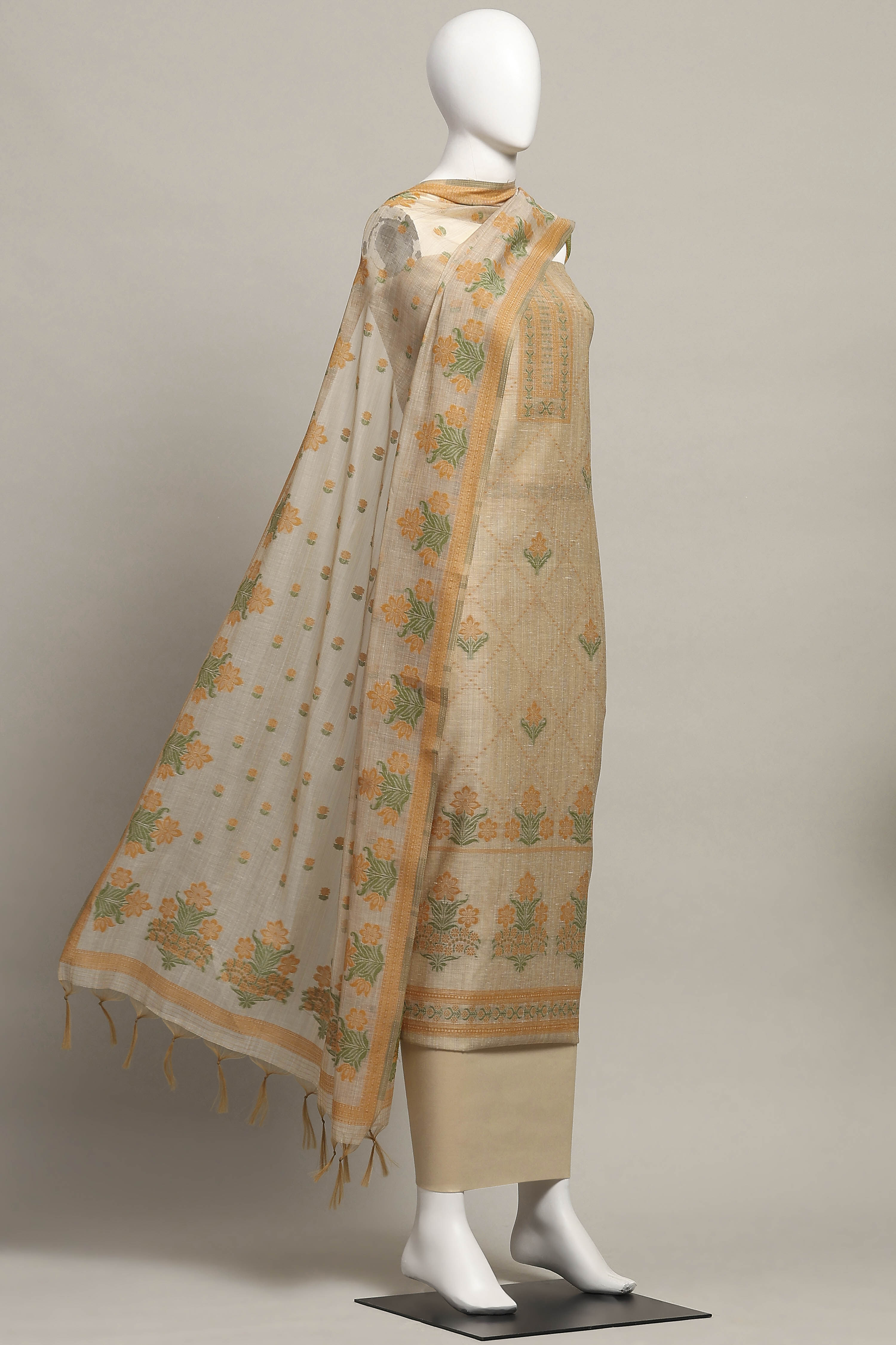 Yellow Cotton Attractive Floral Print Unstitched Suit Set image number 4