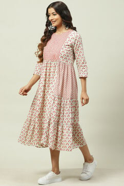 Cream Cotton Flared Printed Kurta Dress image number 2
