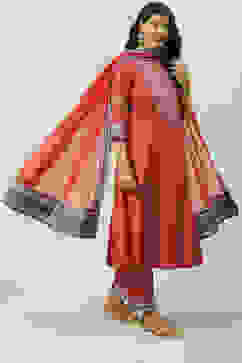 Coral Cotton Kalidar Kurta Narrow Palazzo Suit Set image number 6