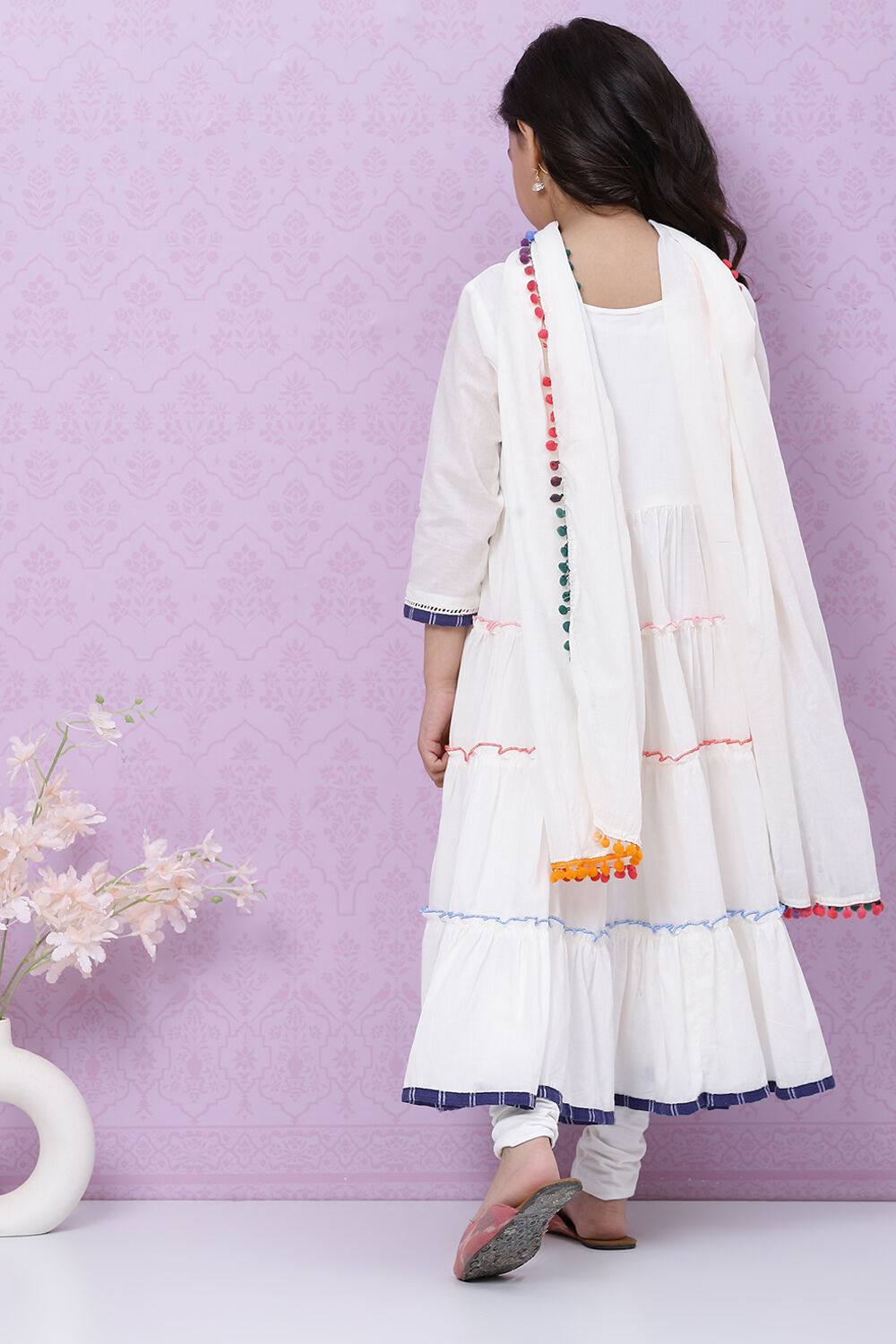 Off White Cotton Tiered Kurta Churidar Suit Set image number 4