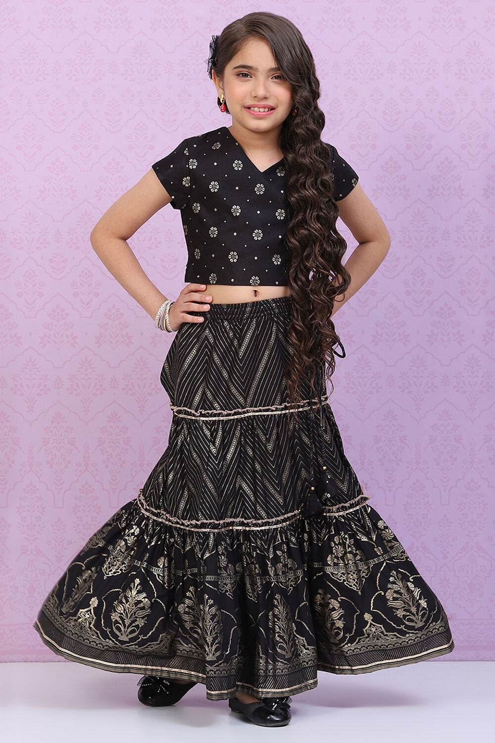 Black Art Silk Printed Short Top Lehenga Set image number 3