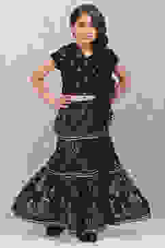 Black Art Silk Printed Short Top Lehenga Set image number 3