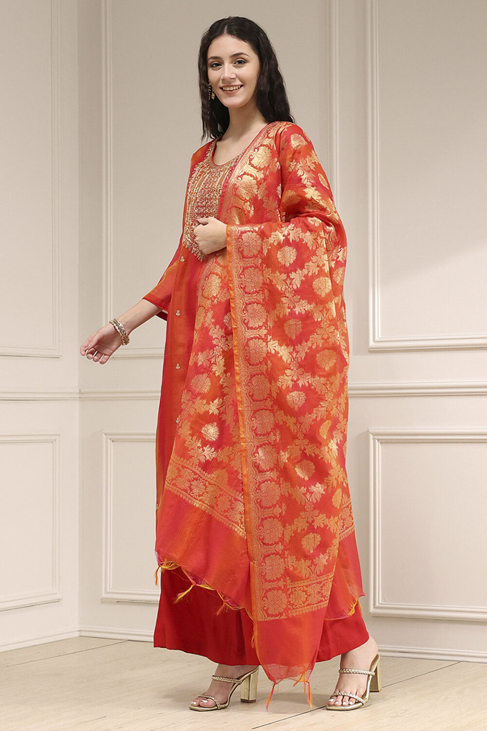 Red Chanderi Machine Embroidered Unstitched Suit Set image number 4