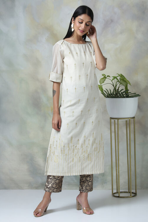 Off White Poly Metallic Cotton Yarndyed Kurta image number 3