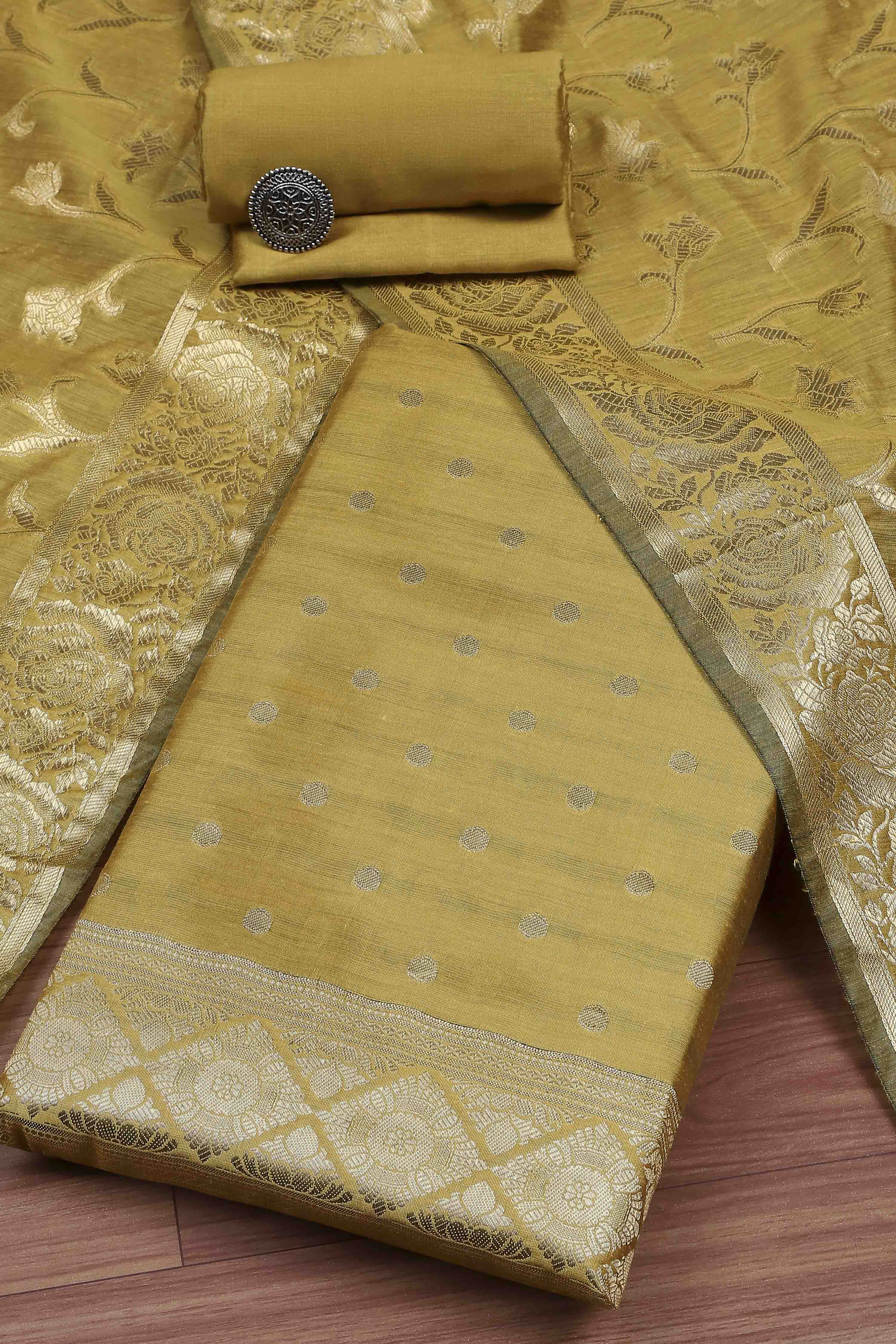 Yellow Banarasi Chanderi Banarasi Print Unstitched Suit Set image number 0