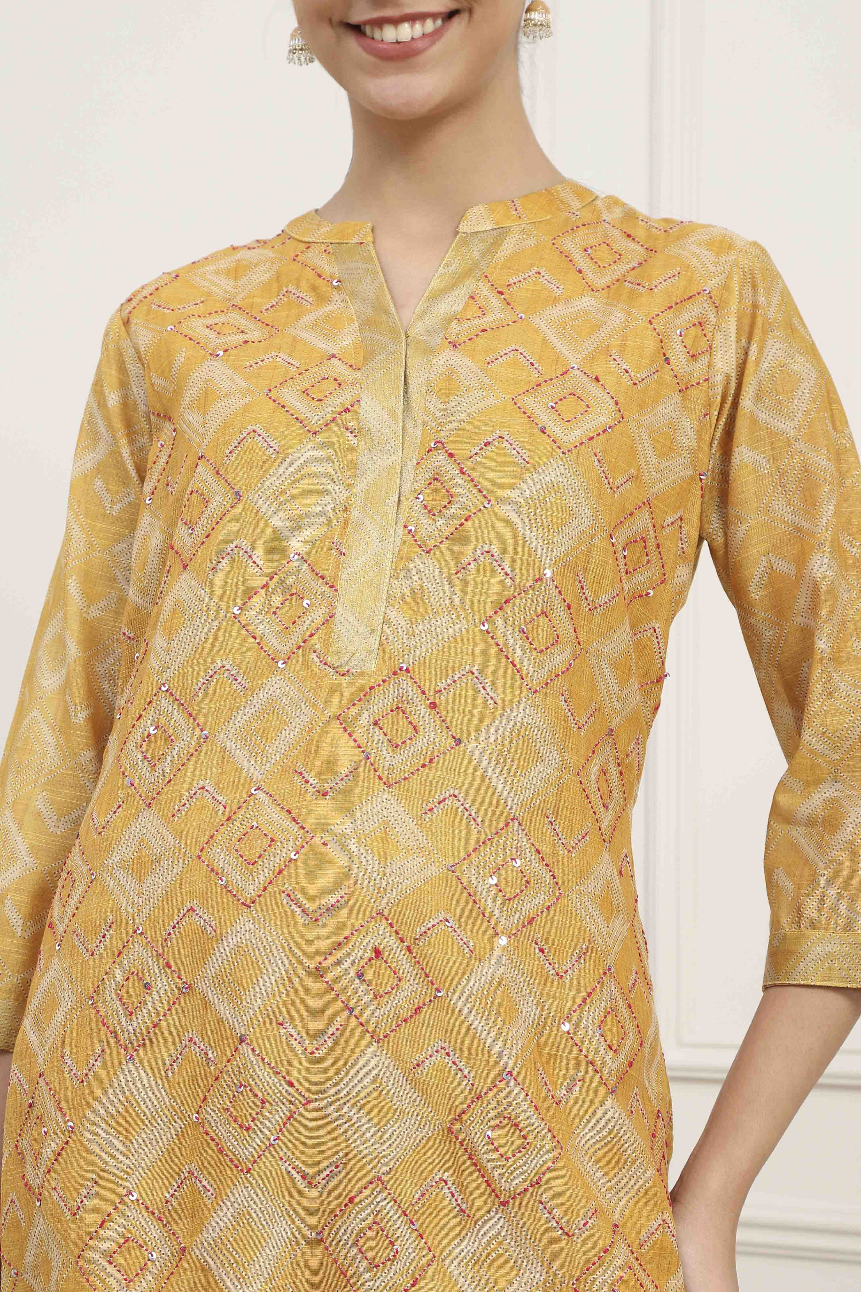 Yellow Silk Blend Printed Unstitched Suit Set image number 2