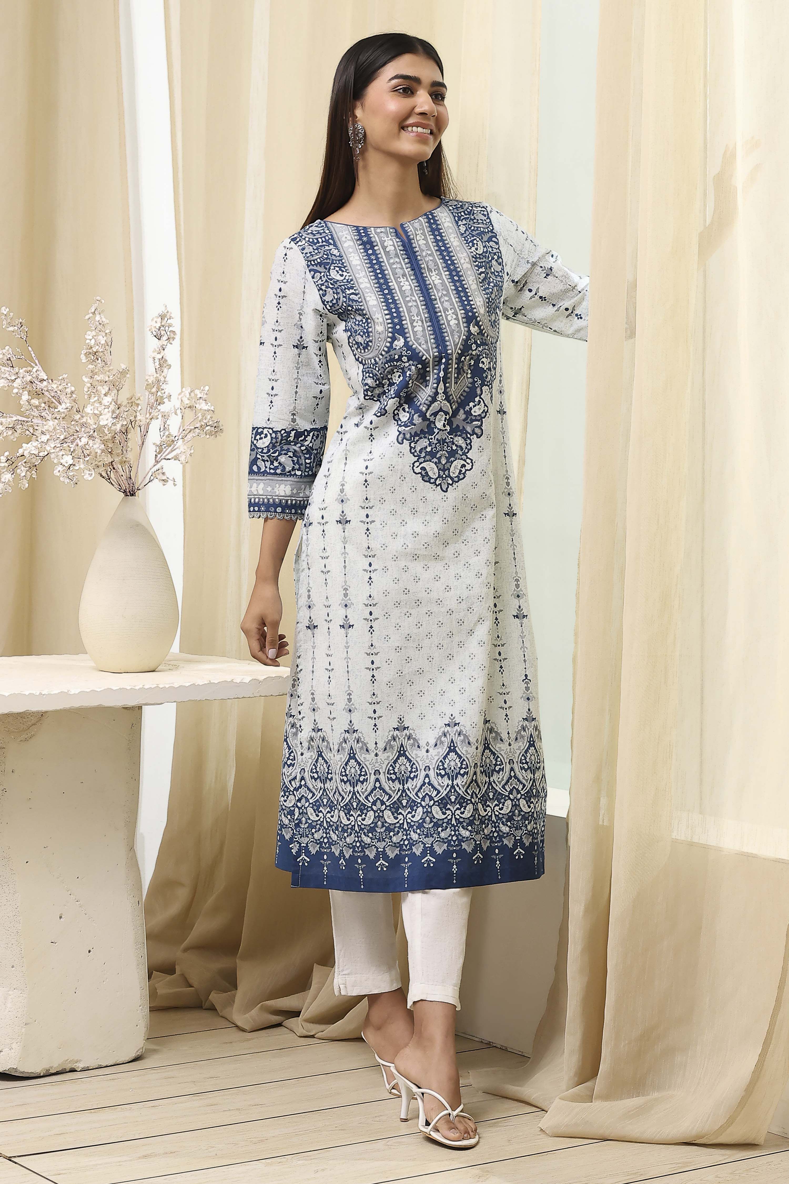 Blue Cotton Printed Straight Kurta image number 5
