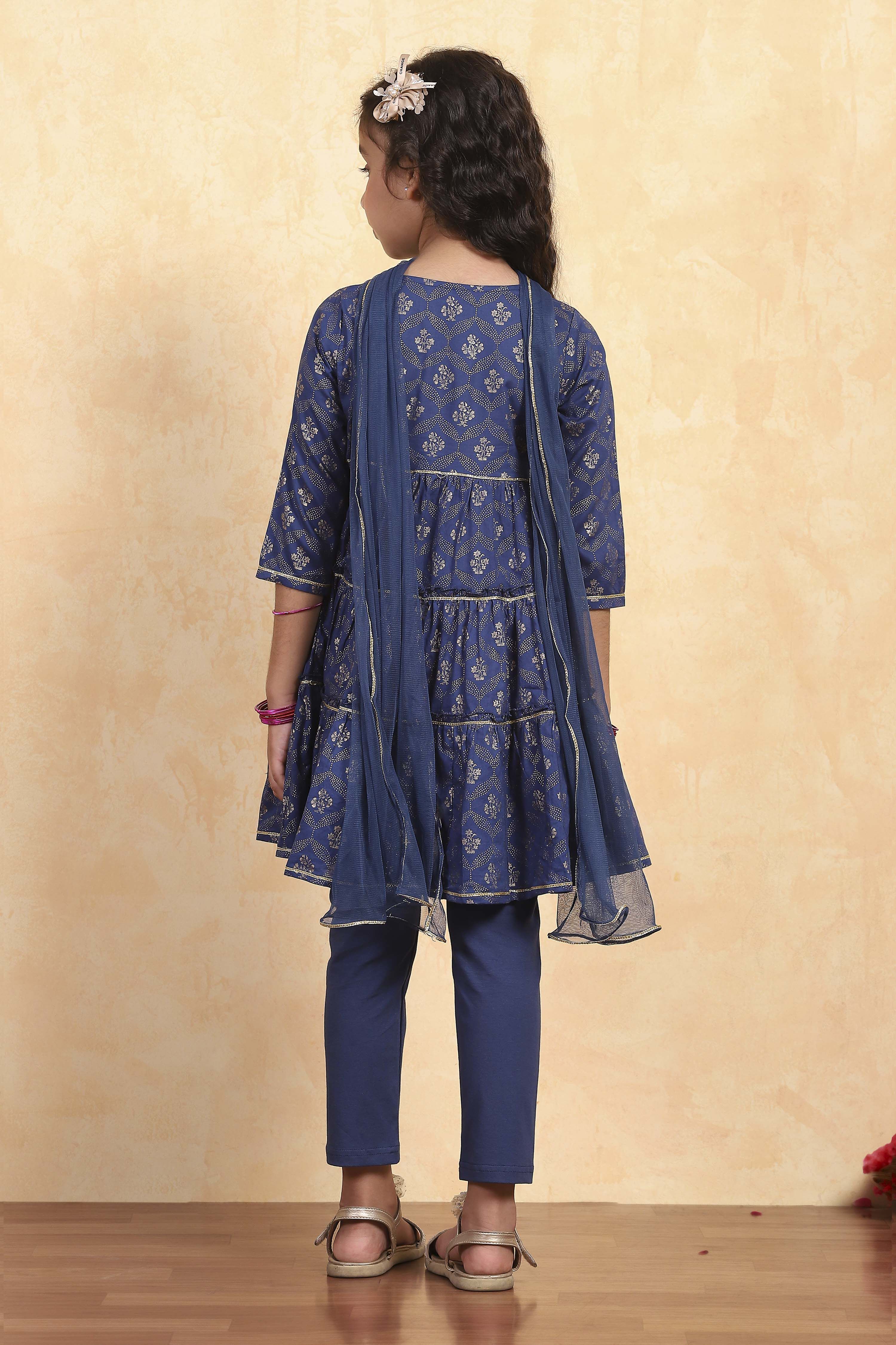 Blue Cotton Tiered Printed Kurta Churidar Set image number 4