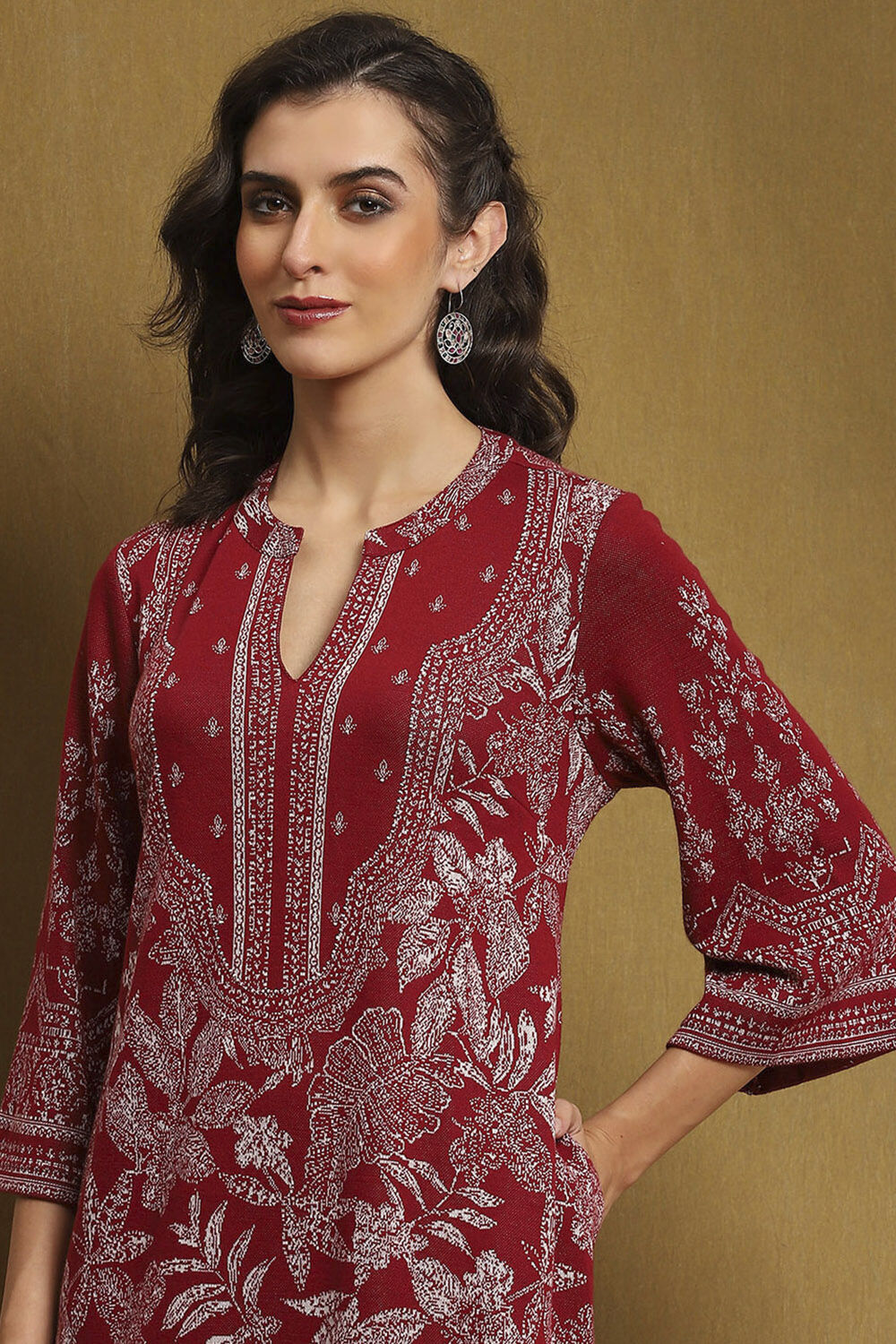 Maroon Jacquard Winter wear Straight Kurta image number 1