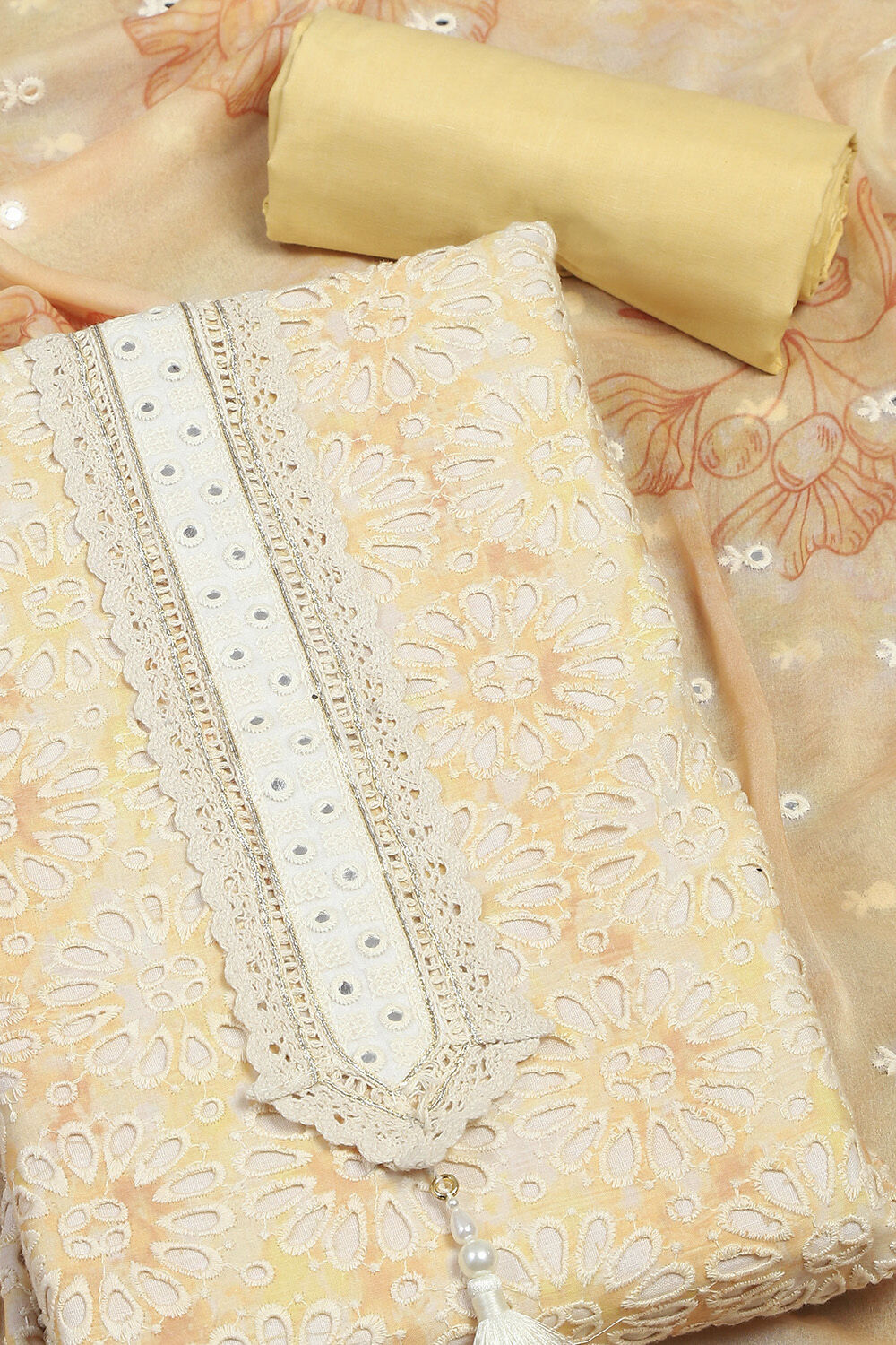 Yellow Cotton Schiffly Unstitched Suit Set image number 1