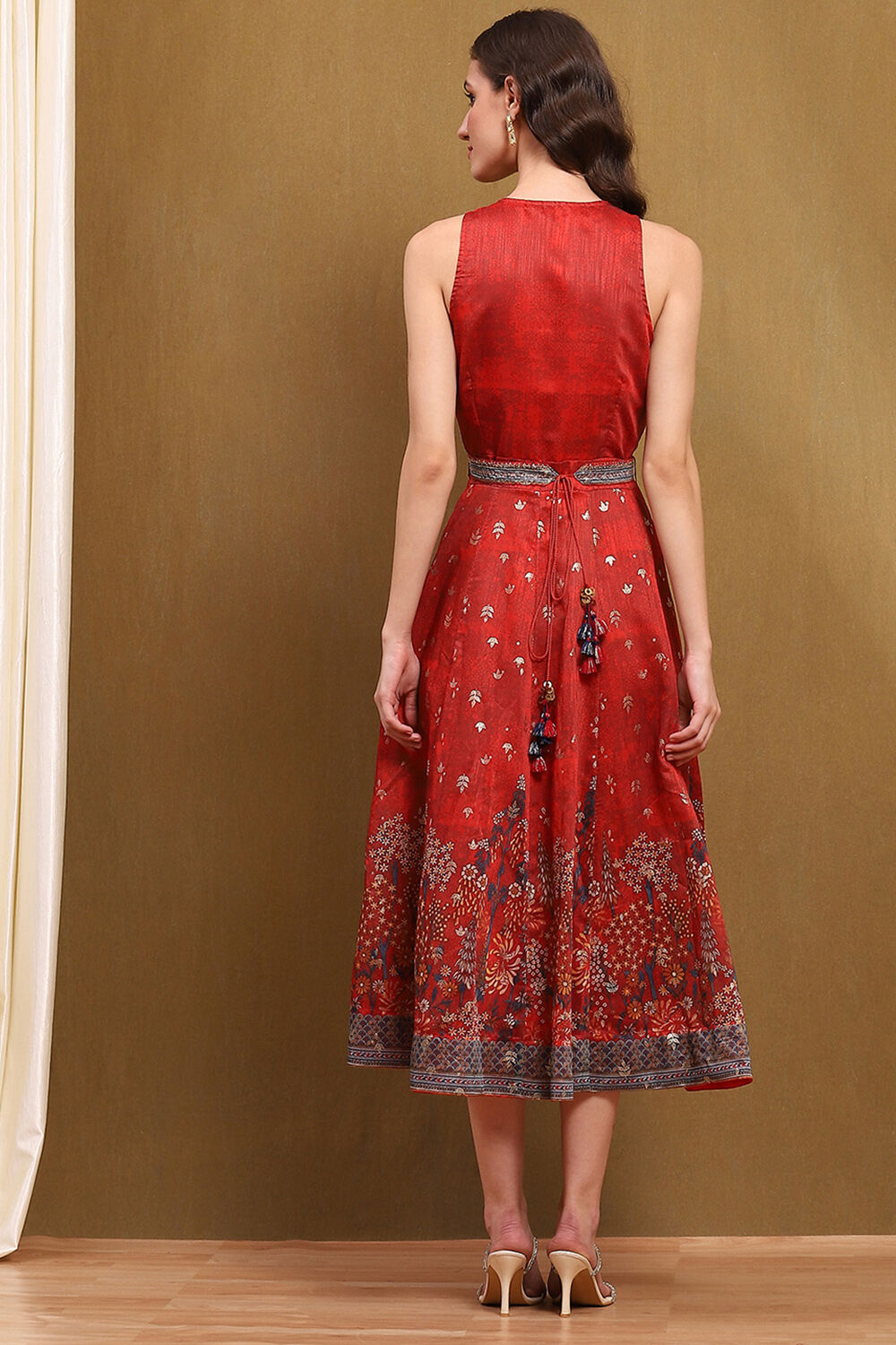 Red Dupion Floral Printed Flared Dress image number 3