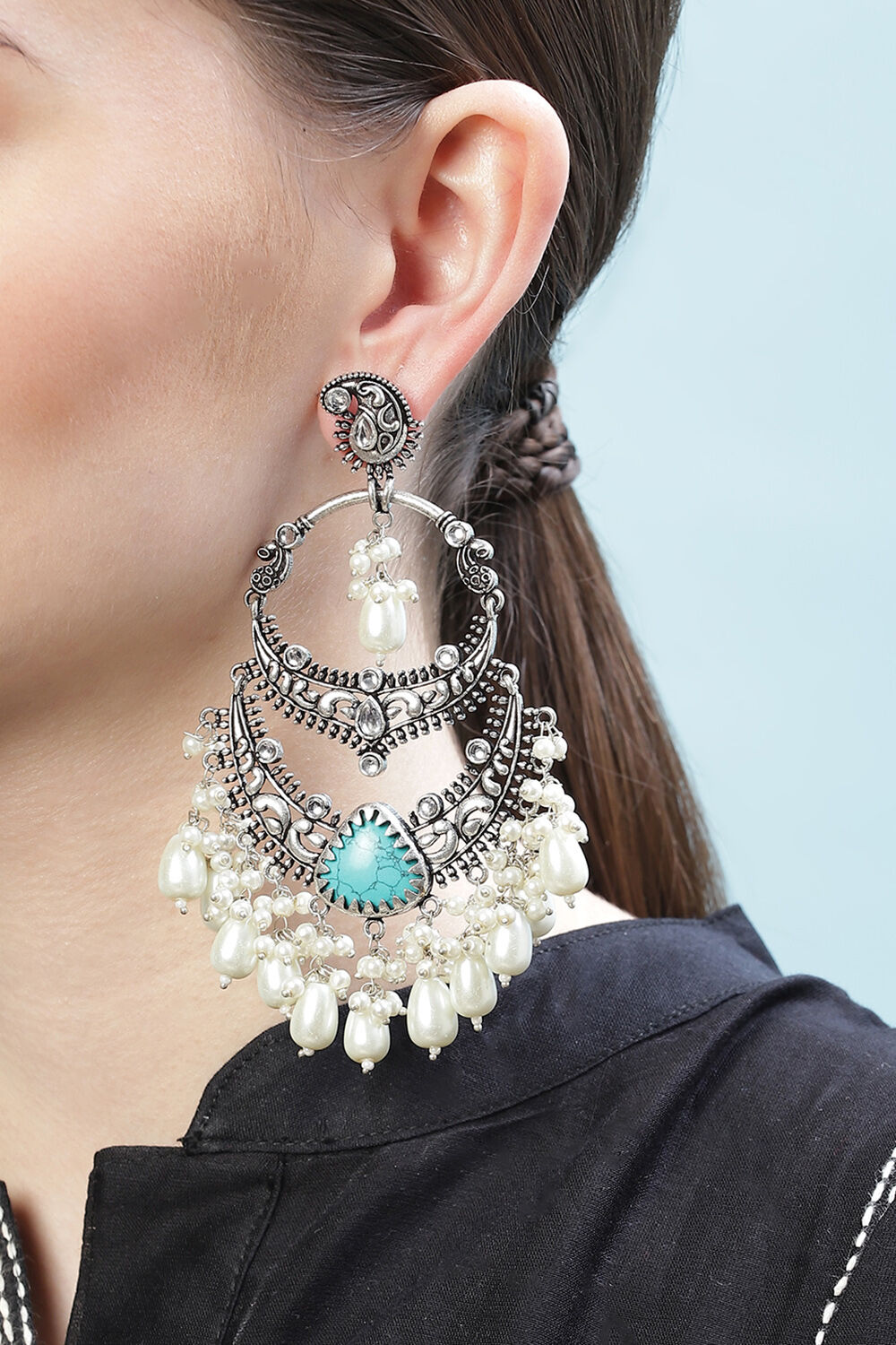 Oxidised & Turquoise Brass Earrings image number 1