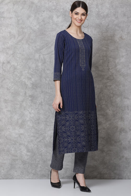 Navy Poly Metallic Straight Kurta image number 4