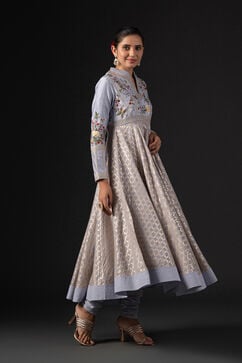 Rohit Bal Blue Cotton Silk Anarkali Embroidered Suit Set image number 6