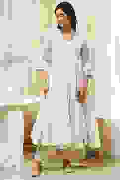 Off-White Cotton Embroidered Gathered Suit Set image number 6