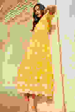 Yellow Cotton Embroidered Tiered Dress image number 7