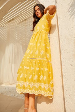Yellow Cotton Tiered Dress image number 7