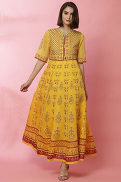 Yellow Art Silk Anarkali Printed Kurta Dress image number 4