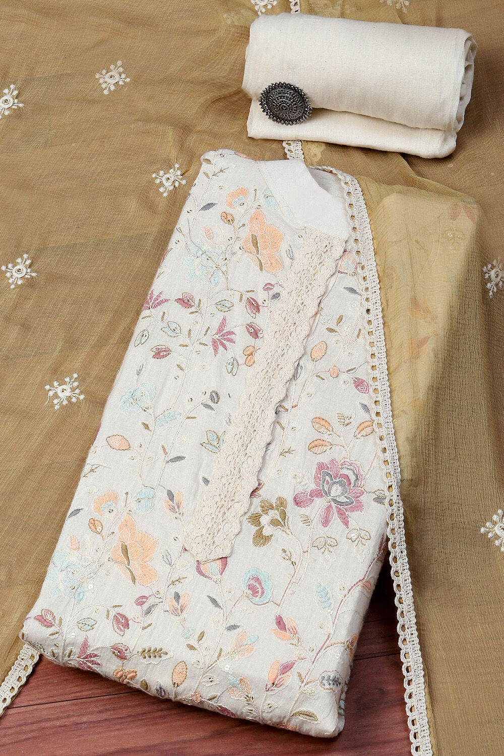 Off White Cotton Hand Embroidered Unstitched Suit Set image number 0