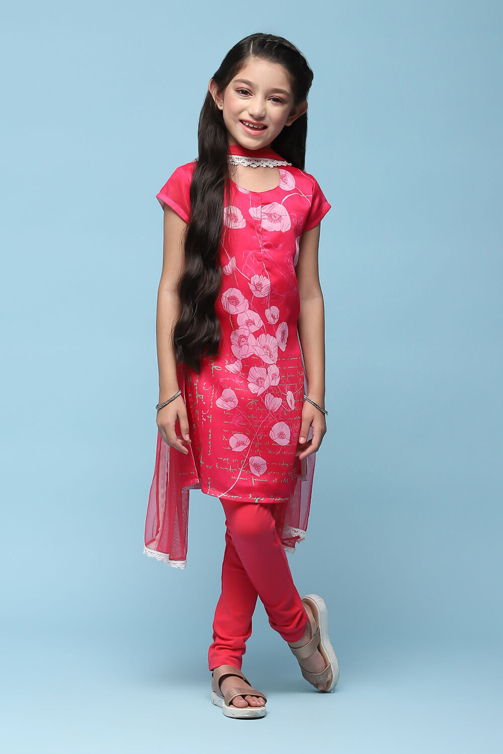 Pink Polyester Straight Printed Kurta Churidar Suit Set image number 0